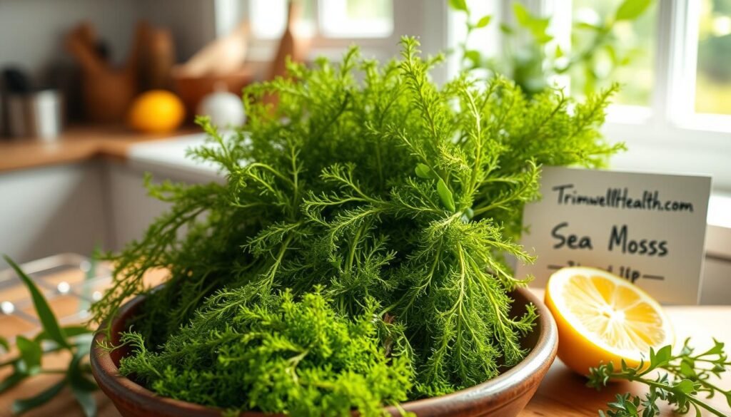 A bountiful sea moss harvest, meticulously prepared in a sun-dappled kitchen. Delicate fronds nestled in a rustic ceramic bowl, complemented by fresh lemon wedges and sprigs of aromatic herbs. The arrangement is captured in soft, diffused lighting, accentuating the vibrant greens and evoking a sense of nourishment and wellness. In the background, a hand-written recipe card bearing the TrimwellHealth.com logo hints at the infinite culinary possibilities of this ancient superfood. The scene exudes a sense of harmony and balance, inviting the viewer to explore the hidden powers of sea moss and integrate it seamlessly into their diet.