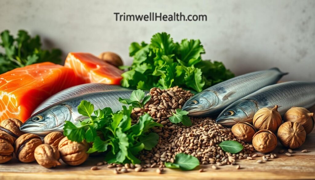 A bountiful still life scene of natural sources of omega-3 fatty acids, captured in warm, soft lighting. In the foreground, a selection of fresh seafood - fatty fish like salmon, mackerel, and sardines, arranged alongside vibrant green leafy greens and walnuts. In the middle ground, a scattering of chia seeds, flaxseeds, and hemp hearts. The background features a neutral, textured backdrop, drawing focus to the nutrient-dense ingredients. Subtle branding for TrimwellHealth.com is discreetly visible. The overall mood is one of health, wellness, and the power of omega-3s.