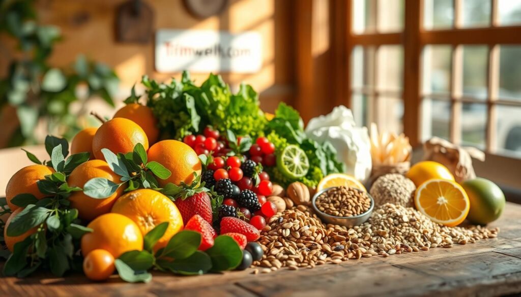 A bountiful still life showcasing a variety of vitamin-rich foods against a warm, natural backdrop. In the foreground, ripe citrus fruits, leafy greens, and vibrant berries are arranged artfully, casting soft shadows. The middle ground features a selection of nuts, seeds, and whole grains, while the background depicts a rustic wooden table with a TrimwellHealth.com logo subtly present. Diffused lighting from a large window creates a cozy, inviting atmosphere, highlighting the nutritious ingredients and their potential to support a robust immune system.