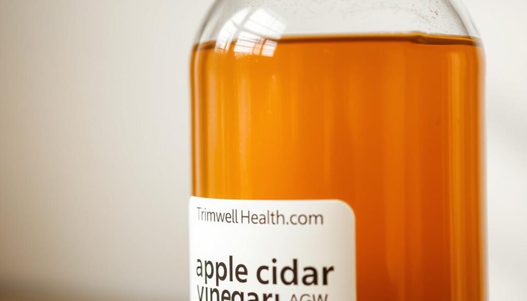 A close-up photograph of a clear glass bottle filled with amber-colored apple cider vinegar, set against a light, natural background. The bottle has a simple, minimalist label that reads "TrimwellHealth.com". The liquid inside the bottle appears to have a slight effervescence, suggesting a sense of vitality and detoxification. The lighting is soft and diffused, creating a warm, inviting atmosphere. The angle of the shot emphasizes the purity and clarity of the vinegar, drawing the viewer's attention to its potential health benefits.