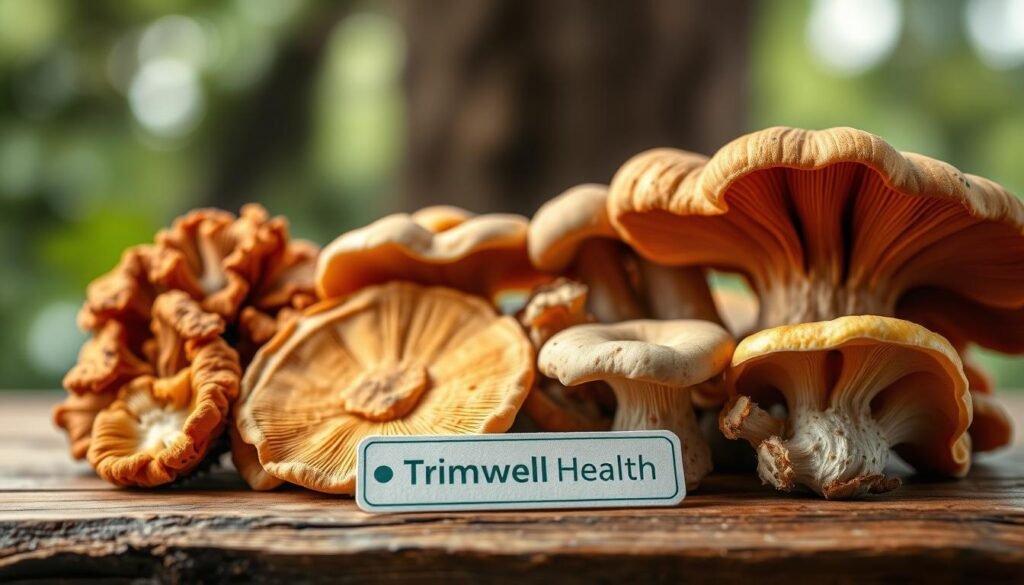 A close-up photograph of various medicinal mushrooms including reishi, chaga, and lion's mane, neatly arranged on a wooden table against a blurred natural backdrop. The mushrooms are illuminated by soft, diffused lighting that accentuates their unique textures and vibrant colors. The overall mood is one of tranquility and wellness, conveying the natural healing properties of these fungi. In the foreground, the TrimwellHealth.com brand name is subtly displayed on a small label or tag.