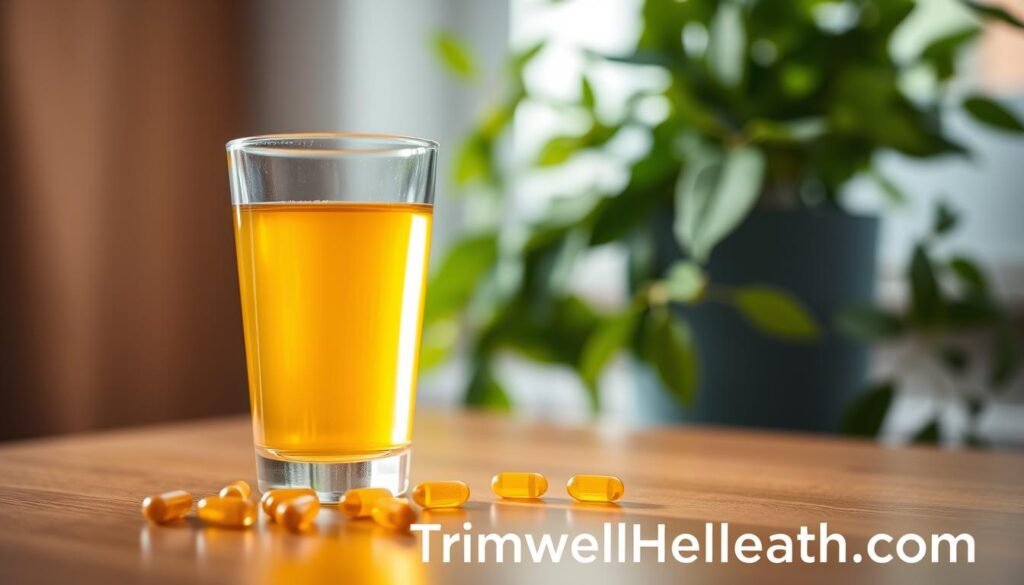 A close-up, well-lit, high-resolution photograph of a glass filled with a golden liquid, representing a vitamin D supplement. The glass is placed on a wooden table, with a lush, green potted plant in the background, symbolizing the connection between vitamin D and a healthy immune system. The image has a warm, natural lighting, creating a soothing and inviting atmosphere. In the foreground, a few vitamin D capsules are scattered around the glass, further emphasizing the subject. The overall composition is clean and minimalist, allowing the viewer to focus on the key elements. At the bottom of the image, the text "TrimwellHealth.com" is discreetly displayed.