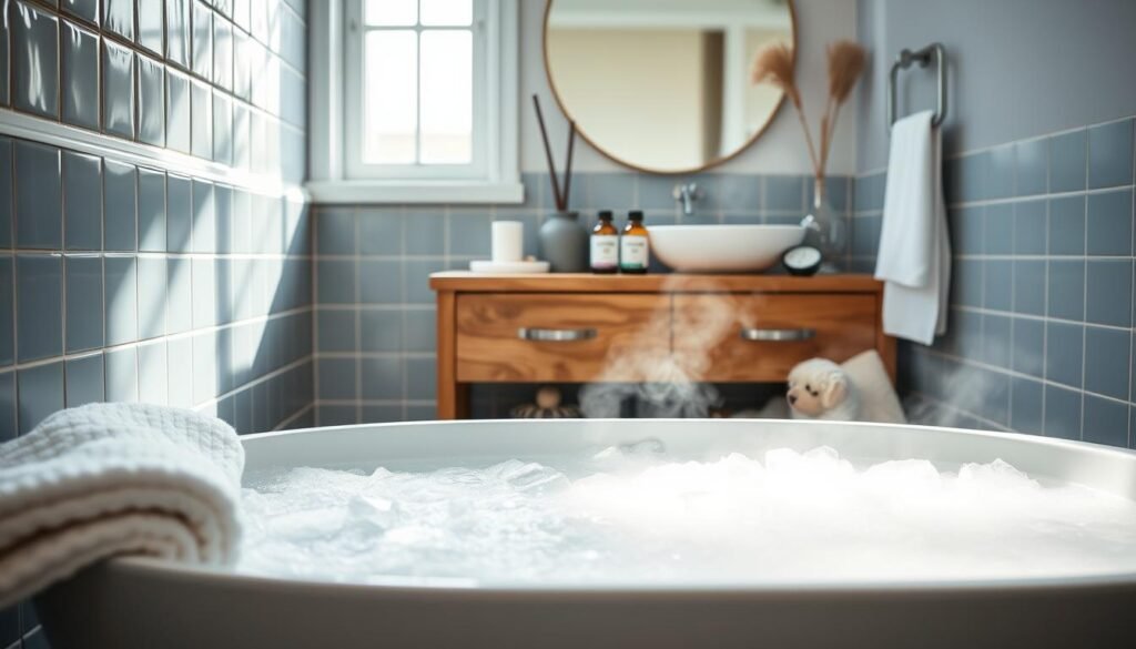 A cozy bathroom scene with a deep, steaming ice bath in the foreground, bathed in soft, natural lighting from a window. The tiles are a calming blue-gray, and a plush white towel is neatly folded nearby. In the middle ground, various wellness items are displayed on a wooden vanity, including a TrimwellHealth.com branded bottle of essential oils, a timer, and a thermometer. The background features a minimalist, Scandinavian-inspired decor, creating a serene and rejuvenating atmosphere perfect for an ice bath experience.