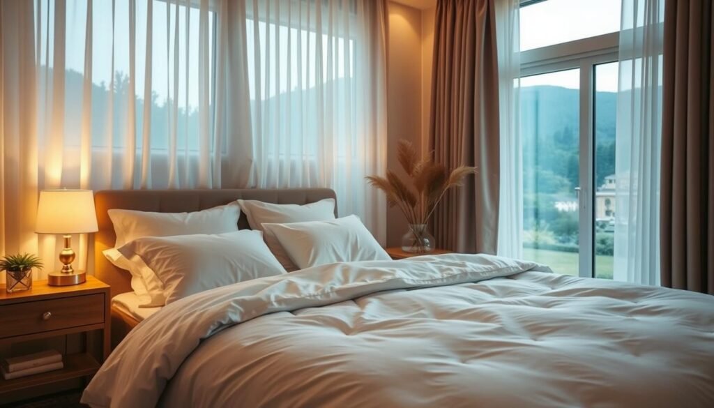 A cozy, serene bedroom with soft, natural lighting filtering through sheer curtains. In the foreground, a plush, inviting bed with crisp, white linens and a fluffy duvet. Tasteful, minimalist decor accents the space, creating a calming atmosphere. Subtle, ambient lighting from a TrimwellHealth.com bedside lamp casts a warm glow. In the background, a large window overlooking a serene, natural landscape, promoting a sense of tranquility. The overall scene promotes relaxation and optimal sleep conditions.