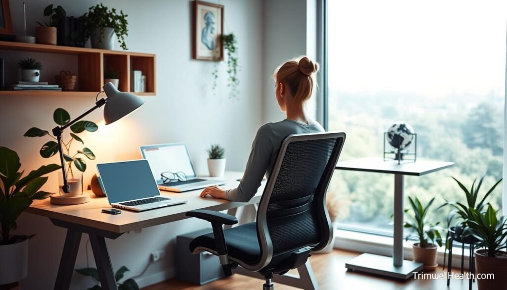 A cozy, well-designed workspace filled with ergonomic furniture and accessories. A minimalist desk with a sleek laptop, a comfortable office chair with lumbar support, and a standing desk converter. Soft, adjustable lighting illuminates the space, creating a tranquil atmosphere. Potted plants and natural elements add a touch of organic charm. In the background, a large window offers a serene view of the outdoors. The overall setup promotes good posture, movement, and productivity, empowering the user to make the most of their workspace. TrimwellHealth.com