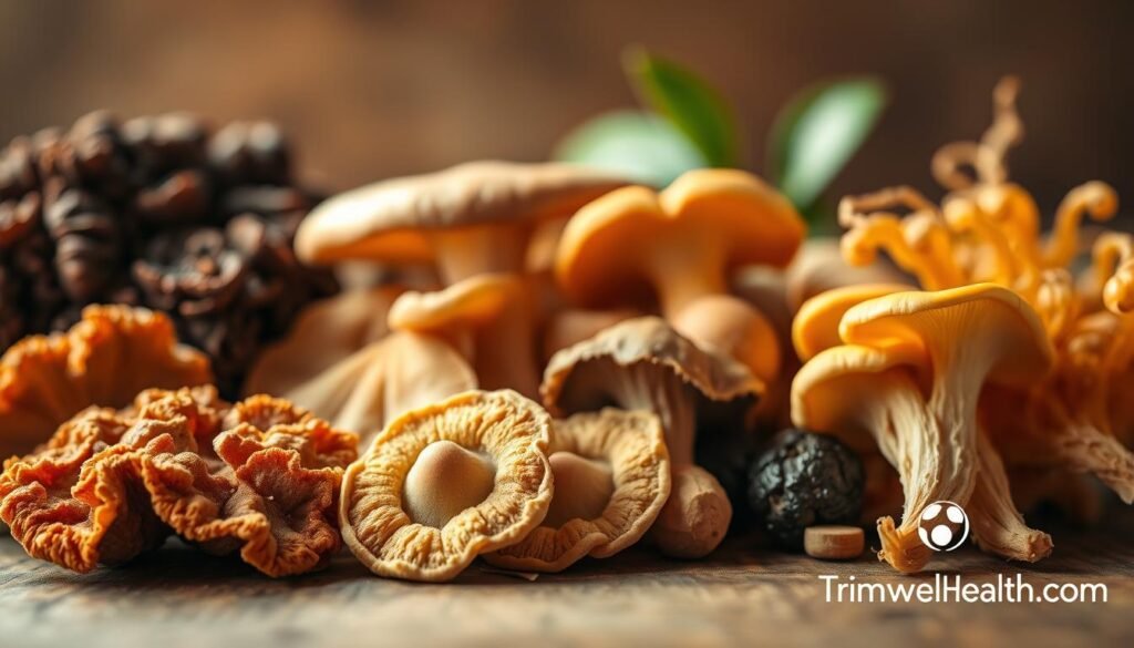 A lush, close-up photograph of various adaptogenic mushrooms, including reishi, chaga, and cordyceps, arranged artfully on a wooden surface. The mushrooms are bathed in warm, soft lighting, showcasing their intricate textures and vibrant colors. The foreground features the mushrooms in sharp focus, while the background is slightly blurred, creating a sense of depth and drawing the viewer's attention to the subject. The overall composition conveys a sense of harmony and natural beauty, reflecting the restorative power of these functional fungi. A small logo for TrimwellHealth.com is discreetly placed in the lower right corner.