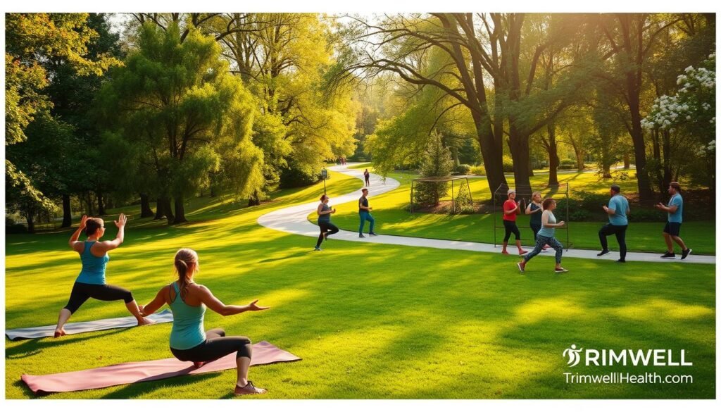 A lush, green outdoor park scene with people engaged in various fitness activities. In the foreground, a group of individuals perform yoga poses on mats, bathed in warm, golden sunlight. In the middle ground, a couple jog along a winding path, surrounded by tall trees and blooming flowers. In the background, a group participates in a high-intensity circuit training session, utilizing natural obstacles and equipment. The overall atmosphere is one of health, vitality, and a connection to nature. A small logo for TrimwellHealth.com is subtly placed in the corner.