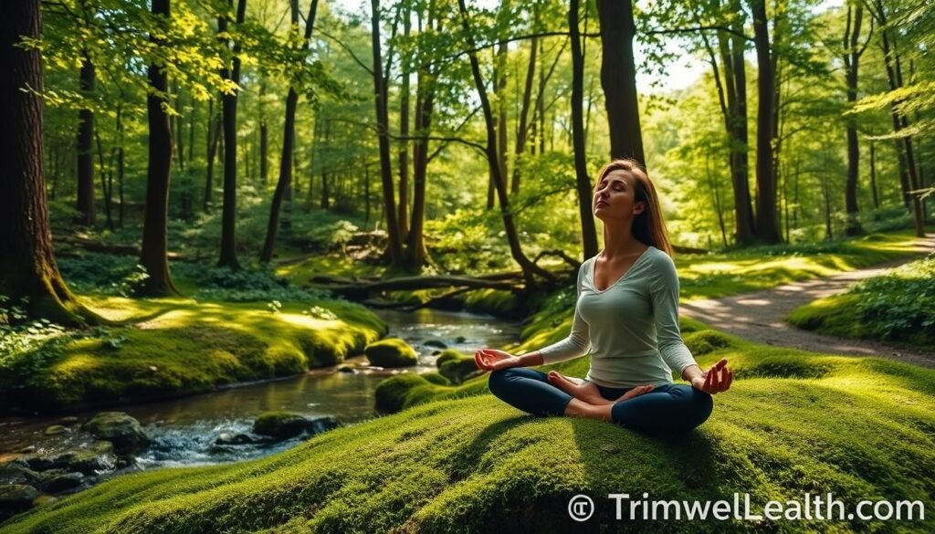 A lush, verdant forest glade, dappled with soft, natural sunlight filtering through the canopy of towering trees. In the foreground, a person seated cross-legged on the mossy ground, eyes closed, deeply immersed in a meditative state, experiencing the calming, restorative power of the natural environment. The middle ground features a babbling brook, its soothing sounds adding to the serene atmosphere. In the background, a path winds through the woods, inviting exploration and connection with the wilderness. The overall scene evokes a sense of tranquility, mindfulness, and the mental health benefits of "forest bathing." TrimwellHealth.com