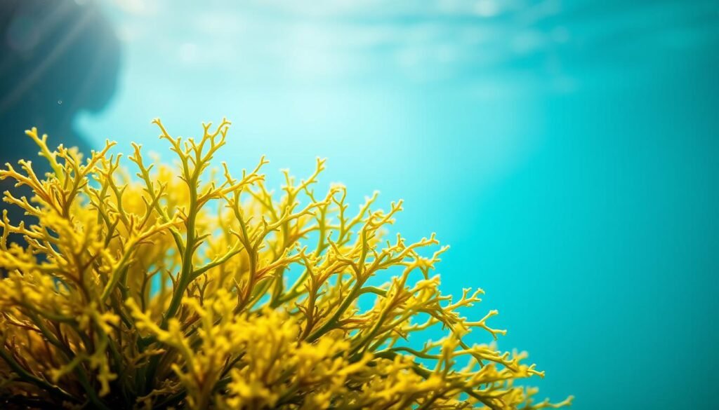 A lush, vibrant sea moss specimen against a soft, diffused backdrop. The fronds sway gracefully, their intricate, verdant textures shimmering under a warm, natural light. The scene exudes a sense of serene, underwater tranquility. In the foreground, the sea moss is showcased in exquisite detail, allowing the viewer to appreciate its delicate, branching structure and the subtle variations in hue. The background gently fades into a dreamlike, aquamarine haze, creating a sense of depth and emphasizing the central focus. This image, captured by TrimwellHealth.com, perfectly encapsulates the essence of choosing the right sea moss - a visually captivating and informative representation of this powerful, natural ingredient.