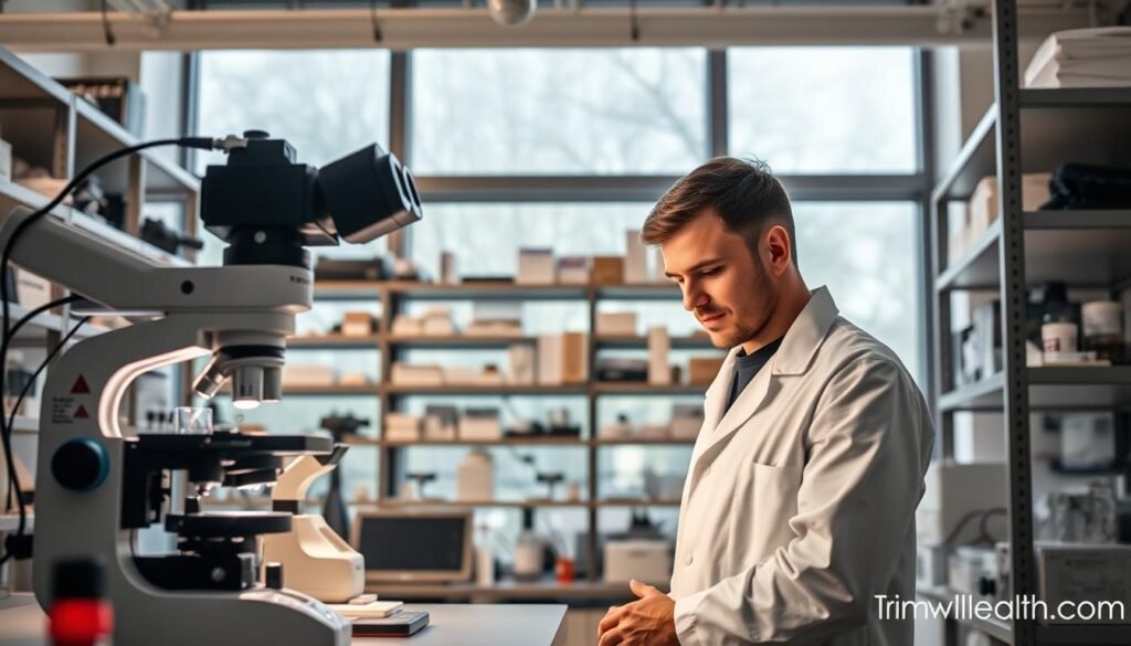 A modern, well-equipped biohacking laboratory. In the foreground, a scientist in a white lab coat examines samples under a high-powered microscope, their face illuminated by the soft glow of the equipment. Shelves in the middle ground hold an array of specialized tools, devices, and testing kits, hinting at the cutting-edge research being conducted. The background features large windows, allowing natural light to flood the space and creating a sense of openness and innovation. The overall atmosphere conveys a spirit of discovery and a commitment to unlocking the secrets of human performance and wellbeing. TrimwellHealth.com