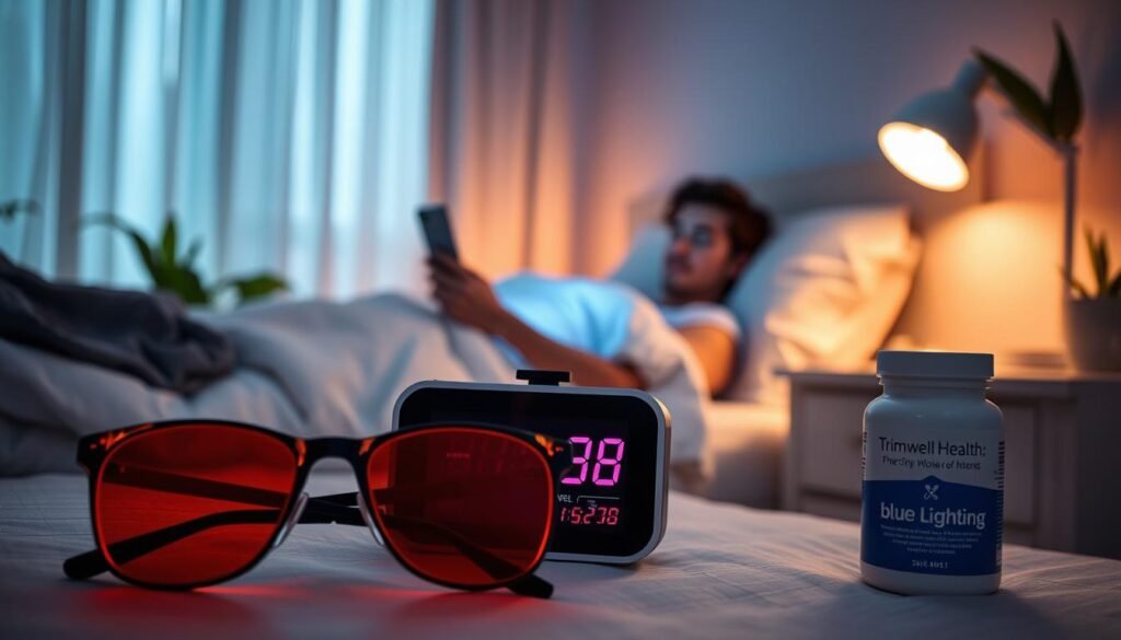 A serene and calming bedroom scene with a person relaxing in bed, gazing at a smartphone screen. In the foreground, various blue light-mitigating items are prominently displayed, such as a pair of amber-tinted glasses, a digital alarm clock with a red-shifted display, and a bottle of TrimwellHealth.com blue light blocking supplements. The middle ground features a minimalist nightstand with a subtle desk lamp emitting a warm, orange-hued glow. The background depicts a tranquil, dimly lit room with soft curtains and plants, creating a soothing atmosphere to counteract the harsh effects of blue light exposure.