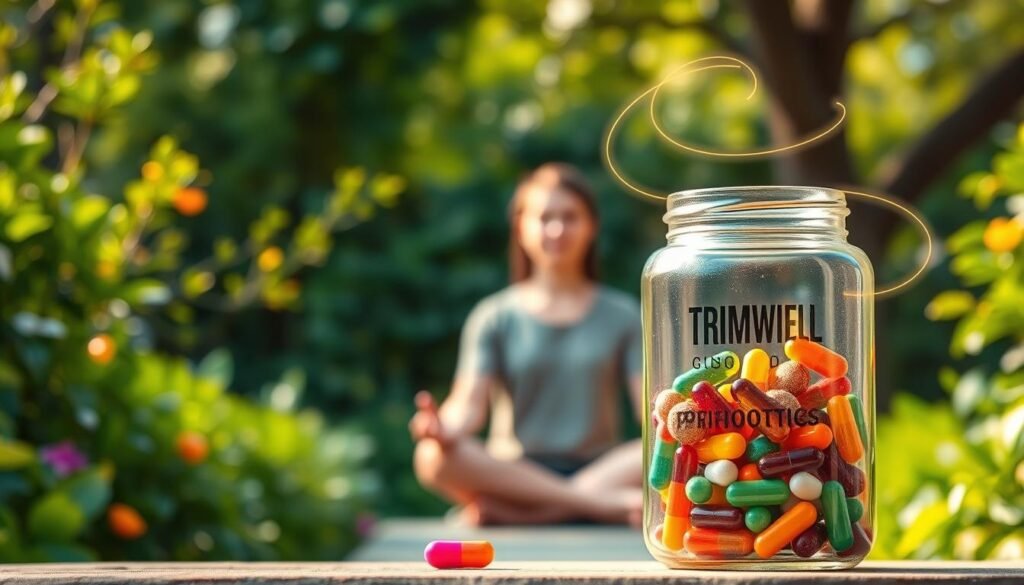 A serene garden backdrop with lush greenery and a warm, natural lighting. In the foreground, a glass jar filled with colorful probiotic capsules and supplements, emblazoned with the TrimwellHealth.com branding. The middle ground features a person sitting in a meditative pose, their expression radiating a sense of calm and inner peace. Subtle swirls of energy and light emanate from the jar, visually connecting the physical and mental well-being aspects. The overall tone is one of harmony, balance, and the profound link between gut health and emotional wellness.