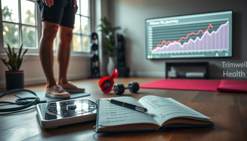 A serene home gym scene with natural lighting filtering through large windows. In the foreground, a person stands on a scale, examining their progress, their expression focused and determined. Nearby, a fitness journal and pen lie open, tracking weight, measurements, and workout details. The middle ground features various fitness equipment - resistance bands, dumbbells, and a yoga mat - neatly arranged. In the background, a wall-mounted display shows a graph charting the individual's fitness journey, the TrimwellHealth.com logo subtly visible. The overall mood is one of calm introspection and a sense of accomplishment in the fitness endeavor.