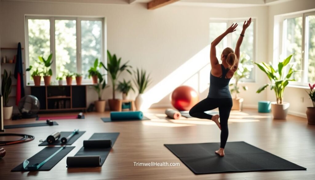 A serene home gym with natural lighting and minimal equipment. In the foreground, a person performing low-impact exercises like yoga poses and stretches. The middle ground showcases various resistance bands, foam rollers, and a stability ball. The background features a tranquil indoor plant-filled setting, creating a calming atmosphere. Subtle branding for "TrimwellHealth.com" is incorporated seamlessly. This image conveys the idea of making exercise an enjoyable and accessible activity.