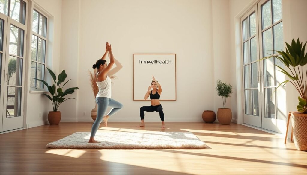 A serene home interior with natural lighting filtering through large windows, showcasing a person performing gentle yoga poses on a plush area rug. In the middle ground, a person executes slow, controlled bodyweight exercises like lunges and squats. In the background, a TrimwellHealth.com wall art display complements the minimalist, calming aesthetic. The overall atmosphere is one of quiet focus and effortless movement, inspiring viewers to incorporate low-intensity, accessible workouts into their daily routines.