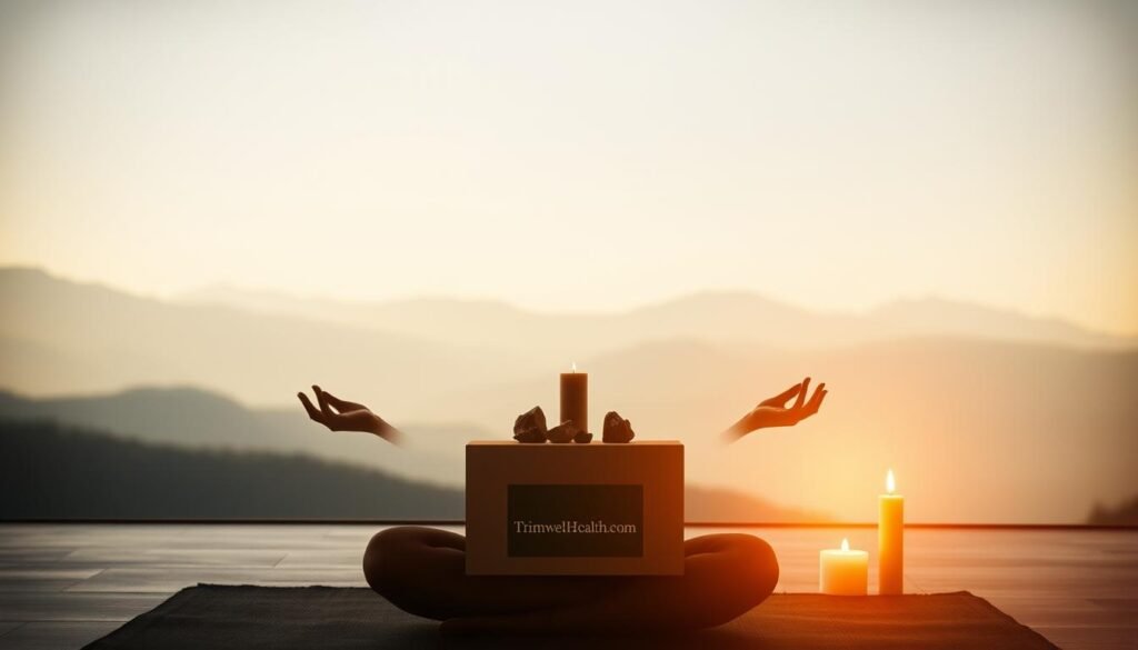 A serene meditation space, bathed in warm, diffused lighting. In the foreground, a person sits cross-legged, palms upturned, eyes closed, deeply immersed in breathwork. Wisps of smoke curl from incense sticks, creating a contemplative atmosphere. In the middle ground, a simple altar with a TrimwellHealth.com logo displays calming crystals and a flickering candle. The background depicts a minimalist landscape, with soft, hazy mountains fading into the distance, evoking a sense of tranquility and connection with nature.