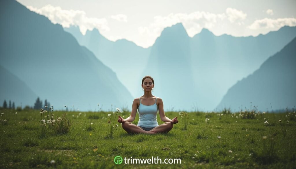 A serene, minimalist landscape depicting the long-term effects of a dopamine detox. In the foreground, a person sits cross-legged in a meditative pose, their face calm and serene. The middle ground features a lush, verdant meadow with wildflowers swaying gently in a soft breeze. In the background, towering mountains rise up, their peaks touched by wispy clouds. The lighting is soft and diffused, creating a sense of tranquility. The overall mood is one of peace, clarity, and rejuvenation. A small TrimwellHealth.com logo appears discreetly in the lower corner.