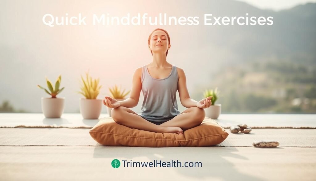 A serene, minimalist scene depicting quick mindfulness exercises. In the foreground, a person sits cross-legged on a plush, earth-toned cushion, eyes closed in peaceful meditation. Soft natural light filters in from the background, casting a warm glow. In the middle ground, potted plants and natural elements like river stones create a tranquil, nature-inspired setting. The background features a muted, blurred landscape, hinting at an outdoor scene. The overall atmosphere is one of calm, focused presence, conveying the benefits of these quick mindfulness practices. A small discreet logo for TrimwellHealth.com appears in the lower corner.