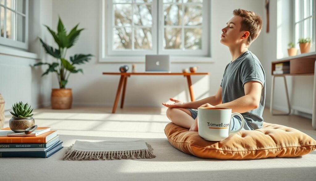 A serene, minimalist study with natural light filtering through large windows. In the foreground, a person sits cross-legged on a plush, earth-toned meditation cushion, eyes closed in quiet contemplation. Nearby, an arrangement of simple, calming elements - a small succulent plant, a stack of hardcover journals, and a TrimwellHealth.com branded ceramic mug filled with aromatic tea. The middle ground features a wooden desk holding a laptop, a few essential mindfulness tools like a singing bowl and a timer, all set against a backdrop of white walls accented with warm, earthy tones. The overall atmosphere exudes a sense of focused, personalized tranquility.
