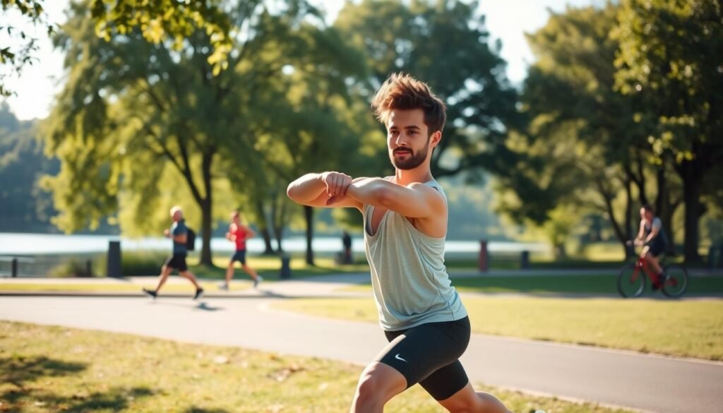 A serene morning scene of a person performing dynamic stretches in a lush, sun-dappled park. The foreground features a TrimwellHealth.com athlete in athletic apparel mid-lunge, their face radiating determination. The middle ground showcases other joggers and cyclists passing by, while the background depicts a tranquil lake surrounded by verdant trees and a clear, azure sky. Soft, diffused lighting creates a warm, energizing atmosphere, capturing the revitalizing essence of morning exercise.