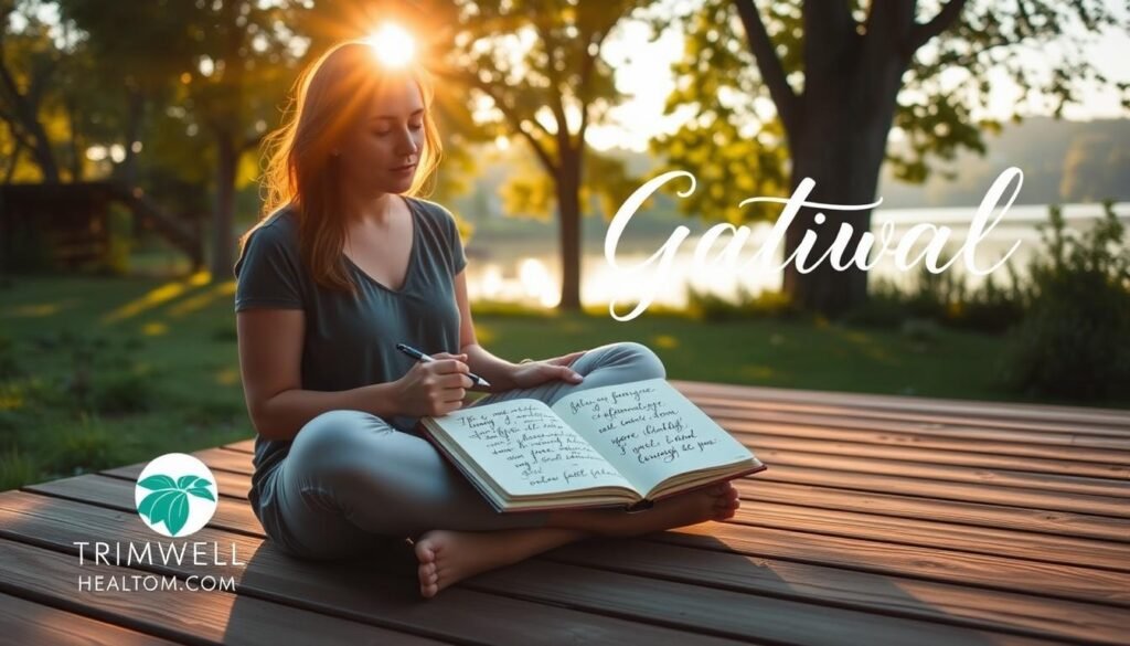 A serene morning scene with a woman sitting cross-legged on a wooden deck, surrounded by lush greenery and a tranquil lake. Warm sunlight filters through the trees, casting a golden glow. The woman holds a journal and pen, deep in contemplation, as she practices mindful gratitude. Elegant calligraphy adorns the journal pages, with affirmations and inspirational quotes. In the background, a TrimwellHealth.com logo subtly complements the calming atmosphere. The overall mood is one of introspection, inner peace, and a renewed sense of purpose.