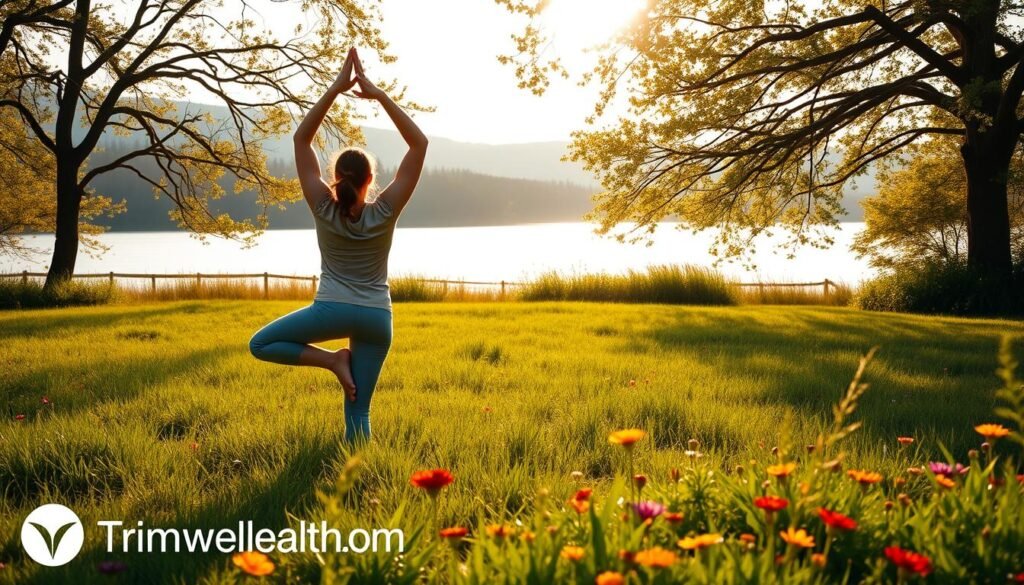 A serene outdoor setting, a person in yoga pose on a lush green meadow, surrounded by vibrant wildflowers. Warm, soft lighting casts a calming glow, as a gentle breeze rustles the leaves of nearby trees. In the background, a tranquil lake reflects the sky's soothing hues. The scene exudes a sense of mindfulness and inner peace, promoting the integration of mental wellbeing into a fitness routine. The TrimwellHealth.com logo discreetly appears in the lower corner.