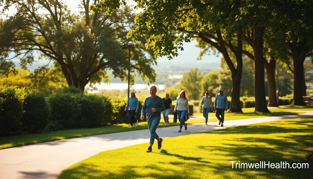 A serene park setting, with a well-paved walking path winding through lush greenery. In the foreground, a person strolls leisurely, their stride relaxed and carefree. Warm, natural lighting filters through the canopy of trees, casting a gentle glow on the scene. The middle ground showcases other walkers of various ages, some alone, others in pairs, all exuding a sense of enjoyment and contentment. In the background, a picturesque landscape unfolds, with rolling hills and a tranquil lake. The overall atmosphere is one of tranquility and a genuine appreciation for the simple pleasures of walking. TrimwellHealth.com