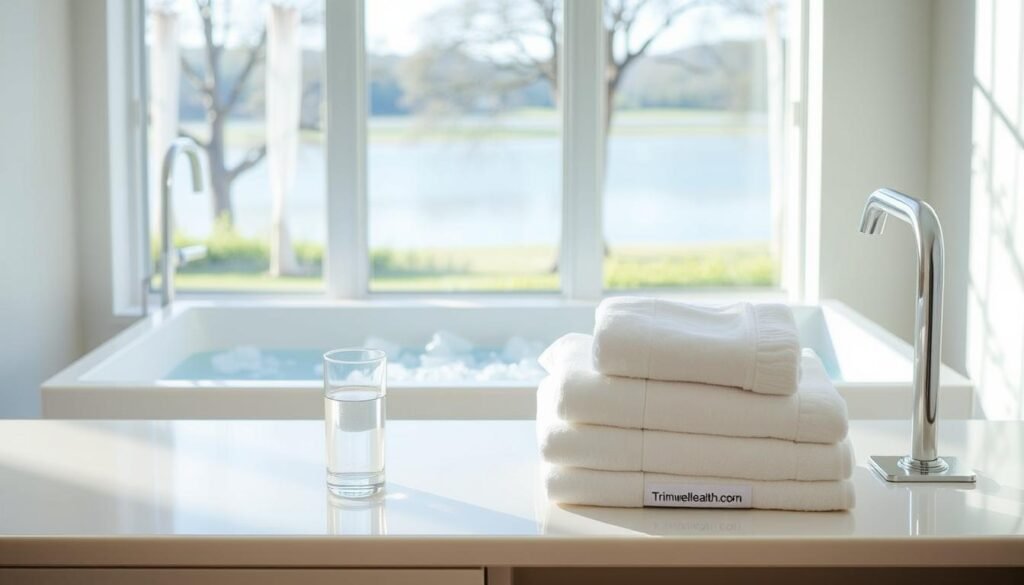 A serene, well-lit bathroom scene with a large, modern bathtub filled with crystal-clear ice water. In the foreground, a stack of fluffy white towels and a glass of water sit on a sleek, minimalist vanity. The background features a large window overlooking a peaceful outdoor setting, allowing natural light to flood the space. The overall atmosphere conveys a sense of tranquility and wellness, reflecting the precautions one should take when enjoying an ice bath. A label on the vanity reads "TrimwellHealth.com".
