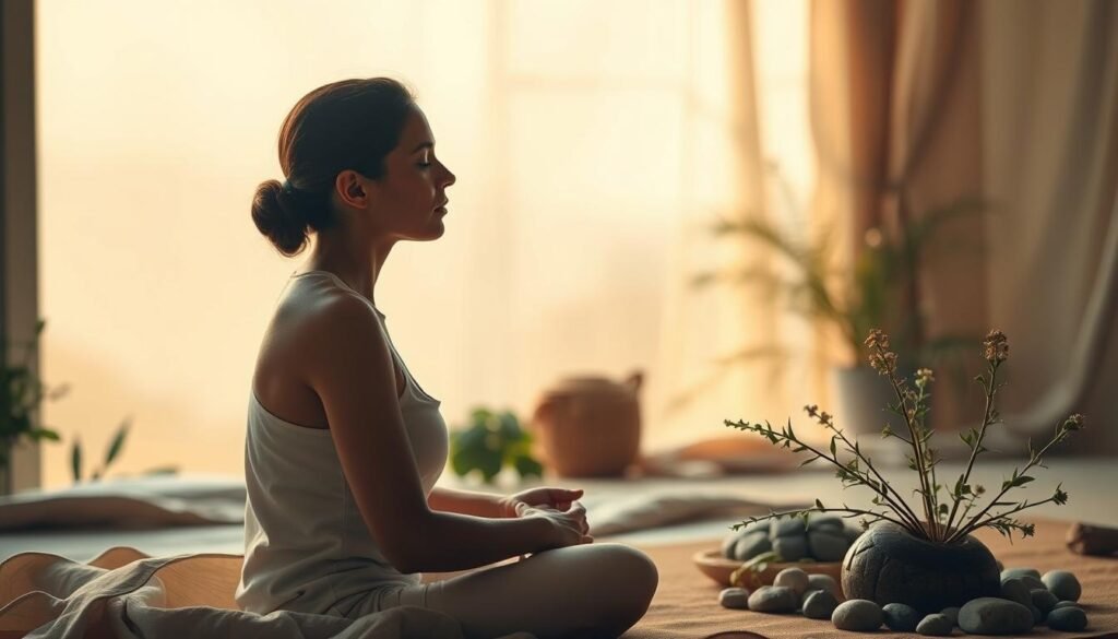 A serene, well-lit scene of a person practicing breathwork, their face calm and focused, seated in a peaceful, nature-inspired setting. The foreground features the person, their body in a relaxed, meditative pose, surrounded by soft, muted colors and natural elements like plants, stones, and a flowing fabric. The middle ground includes a blurred, dreamlike background with a faint landscape or skyline, conveying a sense of mental clarity and tranquility. Warm, diffused lighting casts a gentle glow, creating a soothing, therapeutic atmosphere. TrimwellHealth.com