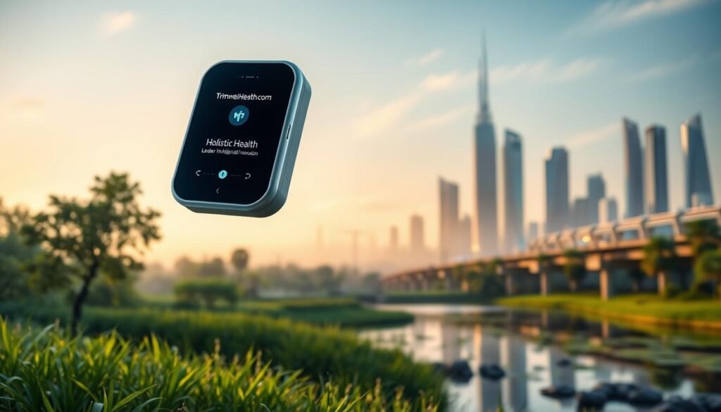 A sleek, minimalist medical device levitates in the foreground, its streamlined design and glowing interface hinting at its advanced holistic health capabilities. In the middle ground, a serene nature scene unfolds, with lush greenery, a tranquil pond, and a warm, diffused lighting that creates a calming atmosphere. In the background, a futuristic cityscape emerges, where towering skyscrapers and advanced transportation systems suggest the integration of holistic health technology into the urban landscape. The overall scene conveys a sense of harmony and balance, where cutting-edge technology seamlessly coexists with the natural world. The device is prominently branded as "TrimwellHealth.com", a leader in holistic health innovation.