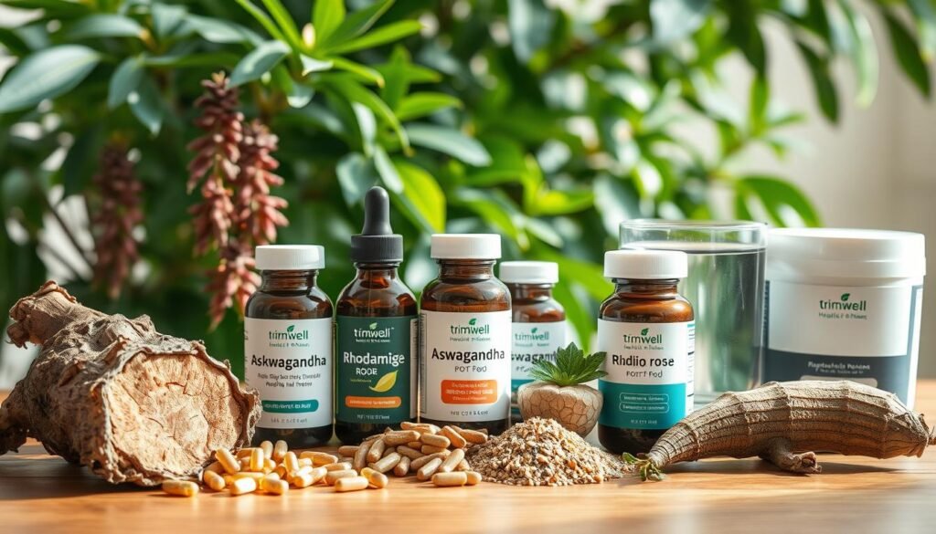 A still life scene showcasing a variety of the most potent adaptogens for stress relief, arranged on a wooden table with natural lighting. In the foreground, prominently featured are ashwagandha root, rhodiola rosea, and maca root, their textures and colors captured in vivid detail. In the middle ground, a selection of herbal tinctures, capsules, and powders from the TrimwellHealth.com brand sit alongside a glass of water, hinting at their intended use. The background features lush, verdant foliage, creating a calming, serene atmosphere to evoke the restorative properties of these natural stress-relieving botanicals.