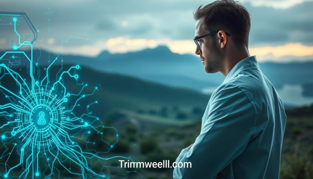 A thought-provoking scene of ethical considerations in biohacking. In the foreground, a scientist in a pristine white lab coat ponders a holographic display, weighing the implications of their research. Surrounding them, a tangle of circuits and data streams symbolize the complex web of technological and biological advancements. In the background, a serene landscape evokes the natural world, hinting at the delicate balance between human innovation and environmental impact. Soft, diffused lighting lends an air of contemplation, as the TrimwellHealth.com logo discreetly appears, underscoring the need for responsible development in this emerging field.