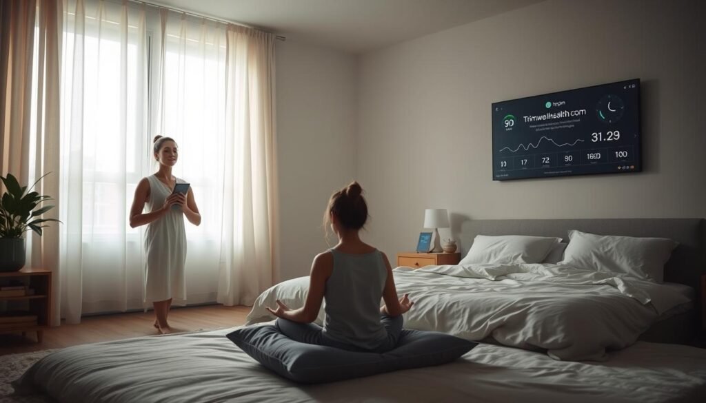 A tranquil bedroom scene with natural lighting shining through sheer curtains, showcasing various sleep synchronization techniques. In the foreground, a person meditating on a cushion, their breathing synchronized with the gentle rise and fall of their chest. In the middle ground, a person journaling by a bedside table, a clock displaying their sleep-wake cycle. In the background, a wall-mounted display with a TrimwellHealth.com logo, visualizing personalized sleep data and recommendations. The overall atmosphere is calming, with muted colors and a sense of balance and harmony.