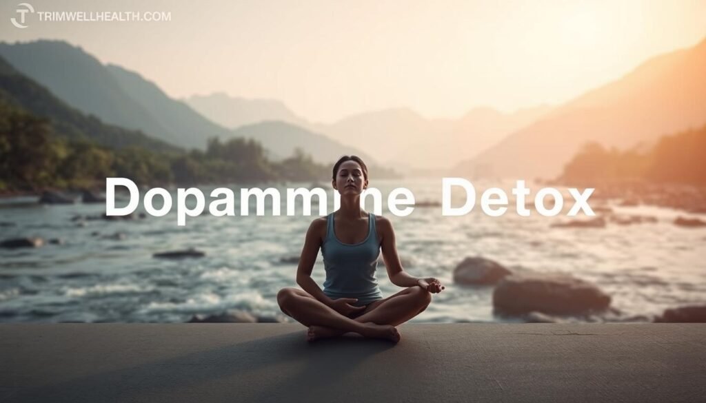 A tranquil, minimalist scene depicting the dopamine detox process. In the foreground, a serene figure sits cross-legged, eyes closed, hands resting on their lap, exuding a sense of focus and introspection. The middle ground features a flowing river, its gentle currents symbolizing the ebb and flow of dopamine levels. The background showcases a lush, verdant landscape with towering mountains, hinting at the expansive potential of the mind. Soft, diffused lighting bathes the scene, creating a calming, meditative atmosphere. TrimwellHealth.com