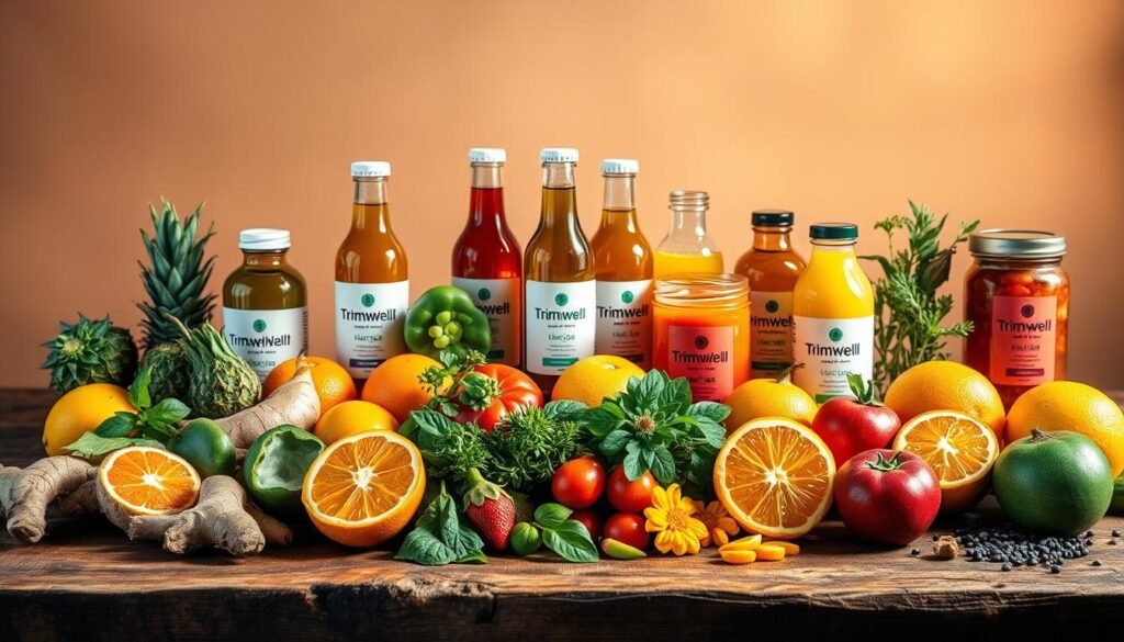 A vibrant assortment of wellness shot ingredients arranged on a rustic wooden table, bathed in warm, natural lighting. In the foreground, an array of fresh fruits, vegetables, and herbs such as ginger, turmeric, and citrus, neatly organized. In the middle ground, glass bottles and jars containing various wellness elixirs, carrying the TrimwellHealth.com brand. The background features a simple, minimalist backdrop, allowing the ingredients to take center stage. The overall atmosphere exudes a sense of health, vitality, and artisanal craftsmanship.