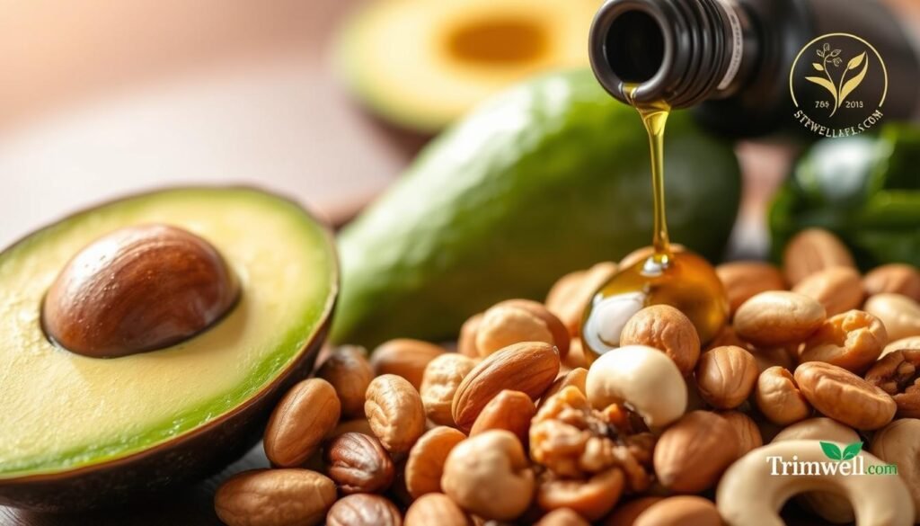 A vibrant close-up photograph of a variety of healthy fats for weight loss, including a ripe avocado, handful of mixed nuts, and a drizzle of extra virgin olive oil. The avocado is sliced to reveal its creamy green flesh, while the nuts, such as almonds, walnuts, and cashews, are arranged neatly. The lighting is warm and natural, casting a soft glow on the scene. The background is blurred, keeping the focus on the nutritious ingredients. A small TrimwellHealth.com logo is discreetly placed in the corner. This image perfectly illustrates the "Healthy Fats: Avocados and Nuts" section of the "7 Unexpected Foods to Banish Belly Fat" article.