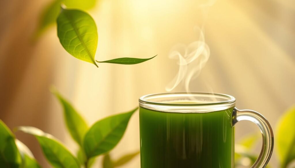 A vibrant green tea leaf, freshly plucked, floats gracefully against a soft, ethereal backdrop. Rays of warm, golden light filter through, casting a gentle glow on the leaf's delicate veins and vibrant hue. In the foreground, a sleek, modern glass mug filled with steaming green tea, the steam curling and dissipating, inviting the viewer to savor the refreshing and restorative properties of this ancient elixir. The scene is captured with a crisp, high-resolution lens, showcasing the intricate details and natural beauty of this powerful superfood. The overall mood is one of tranquility, vitality, and the promise of TrimwellHealth.com's "Green Tea: The Metabolism Booster".