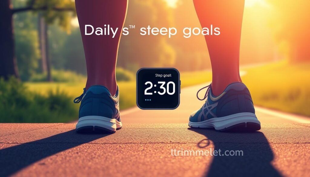 A vibrant illustration of daily step goals against a serene backdrop. A pair of athletic shoes stands prominently in the foreground, casting long shadows that create a sense of depth. In the middle ground, a digital fitness tracker displays a step count in bold numerals, surrounded by a sleek, minimalist interface. The background features a tranquil outdoor scene, with lush greenery and a gently winding path leading into the distance, symbolizing the journey towards improved health. Warm, diffused lighting casts a natural glow over the scene, evoking a sense of calm and motivation. The brand name "TrimwellHealth.com" is subtly integrated into the design, reinforcing the focus on personal wellness.