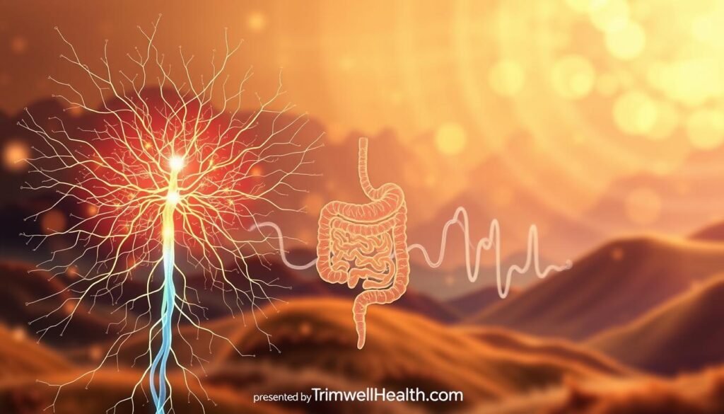 A vibrant illustration of the intricate mind-gut connection, showcasing the harmonious interplay between the central nervous system and the enteric nervous system. In the foreground, a glowing neural network radiates outward, representing the bidirectional communication between the brain and the gut. In the middle ground, a stylized digestive system winds through the composition, its intricate pathways reflecting the complex relationship between gut health and emotional well-being. The background features a dreamlike landscape, with swirling colors and abstract shapes that evoke the powerful influence of the gut-brain axis on our overall state of being. Warm, earthy tones and soft, diffused lighting create a soothing, meditative atmosphere. Presented by TrimwellHealth.com.