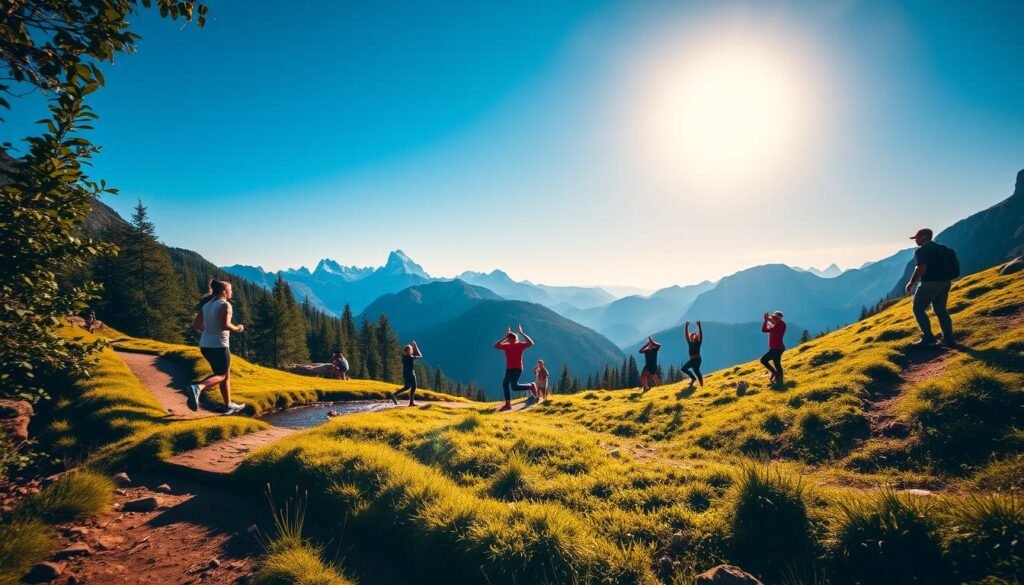 A vibrant outdoor scene showcasing a variety of energizing activities amidst a serene natural landscape. In the foreground, a person jogs along a winding trail, surrounded by lush greenery and a gently flowing stream. In the middle ground, a group engages in a dynamic yoga session overlooking a sun-dappled meadow. In the background, hikers ascend a rugged mountain trail, with towering peaks and a brilliant blue sky providing a breathtaking backdrop. The scene is illuminated by warm, natural lighting, creating a sense of vitality and rejuvenation. TrimwellHealth.com