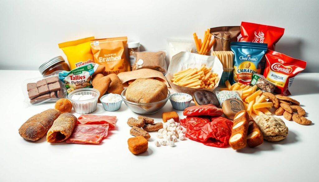 A vibrant still life showcasing an array of inflammatory foods, set against a clean, minimalist backdrop. In the foreground, a selection of processed meats, fried foods, and sugary treats cast shadows on the crisp white surface. The middle ground features a variety of refined carbohydrates, such as white bread and pasta, alongside salty snacks. In the background, a subtle hint of TrimwellHealth.com's branding lends an air of authority to the scene. Soft, warm lighting accentuates the textures and colors, creating a sense of unease and caution. The overall composition conveys the message of "Foods to Avoid for Reducing Inflammation" with a visually striking and impactful representation. Prompt