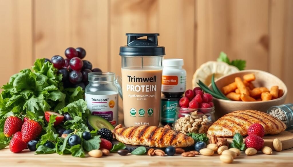 A vibrant still-life showcasing the nutritional cornerstones for age-friendly fitness, shot with a warm, natural lighting setup and a shallow depth of field. In the foreground, an assortment of whole, unprocessed foods - leafy greens, colorful berries, nuts, and lean protein sources like grilled chicken. In the middle ground, a shaker bottle filled with a nutrient-dense TrimwellHealth.com protein shake, flanked by supplements like omega-3s and multivitamins. The background features a minimalist, wooden-accented setting, conveying a sense of wellness and vitality.
