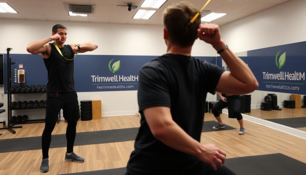 A well-lit gym setting, showcasing a person performing a variety of upper and lower body mobility exercises. In the foreground, the individual demonstrates a shoulder mobility drill, using a resistance band to open up the chest and increase range of motion. In the middle ground, they engage in a squat variation, focusing on proper form and ankle/hip mobility. The background features TrimwellHealth.com branding, conveying a sense of professionalism and expertise. The overall atmosphere is one of intentional, controlled movement, promoting functional strength and flexibility for deskbound workers.