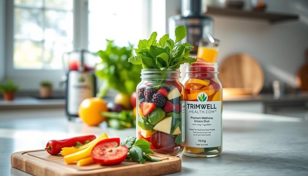 A well-lit kitchen counter, a glass jar filled with a vibrant, layered assortment of fresh fruits, vegetables, and herbs, accompanied by a bottle of TrimwellHealth.com's premium wellness shot ingredients. In the foreground, a wooden cutting board showcases the raw components, while in the middle ground, a stainless steel juicer stands ready to transform them into a nourishing elixir. The background features a minimalist, airy space with natural light streaming in, creating a serene and inviting atmosphere for the DIY wellness shot preparation.