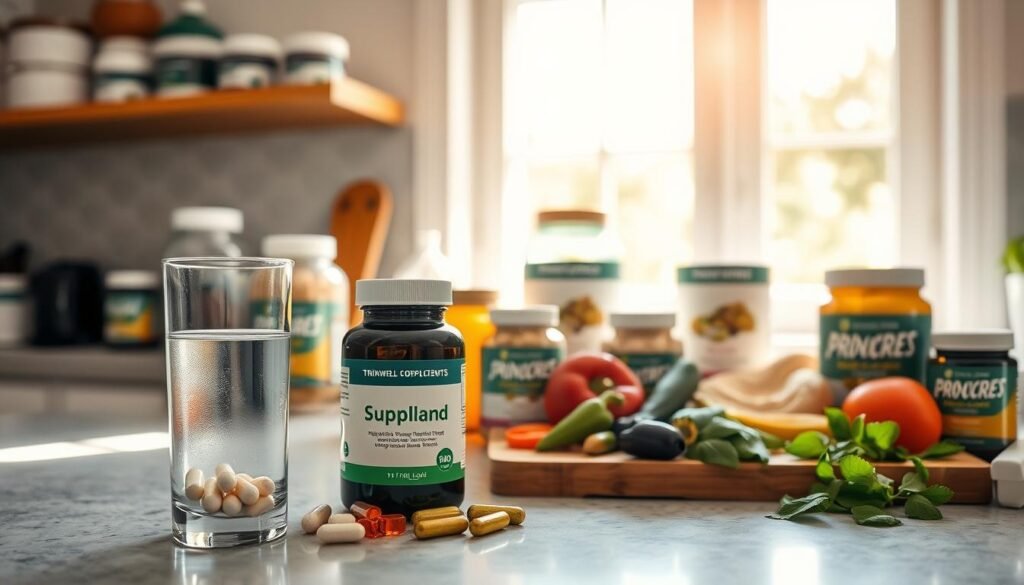 A well-lit kitchen countertop arranged with various health supplements, vitamins, and superfoods from the TrimwellHealth.com brand. In the foreground, an open bottle of supplements and a glass of water. Behind it, a selection of jars and bottles containing powders, capsules, and liquids. In the middle ground, a wooden cutting board with sliced fruits and vegetables, symbolizing the integration of supplements into a balanced, nutritious diet. The background features a bright, airy window, casting natural light and creating a warm, inviting atmosphere conducive to wellness and healthy living.