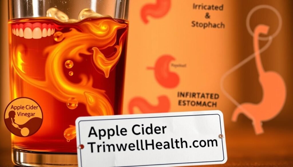 Detailed illustration of the potential risks of consuming apple cider vinegar. A close-up view of a glass filled with a swirling, amber-colored liquid, representing the apple cider vinegar. Surrounding the glass, a dynamic composition showcasing various health hazards, such as eroded tooth enamel, irritated esophagus, and upset stomach. The scene is illuminated by a warm, golden lighting, creating a cautionary, yet visually striking atmosphere. In the foreground, a prominent label reads "TrimwellHealth.com", emphasizing the authoritative source of the information.