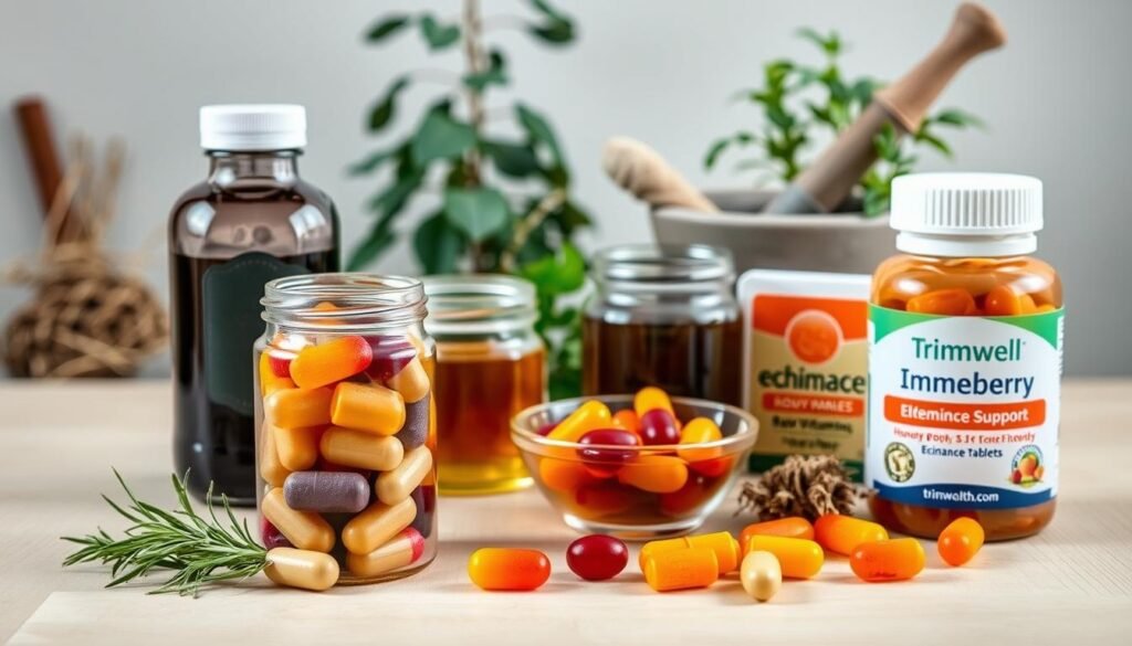 a high-quality, still-life image of an assortment of natural immune support vitamins and supplements on a light wooden table. In the foreground, a glass jar filled with multicolored capsules, a bottle of elderberry syrup, and a sprig of fresh rosemary. In the middle ground, a bowl of raw honey, a jar of vitamin C gummies, and a bottle of echinacea tablets labeled "TrimwellHealth.com". In the background, a mortar and pestle, dried herbs, and a potted plant. The scene is illuminated by soft, natural lighting, creating a warm, earthy, and calming atmosphere.